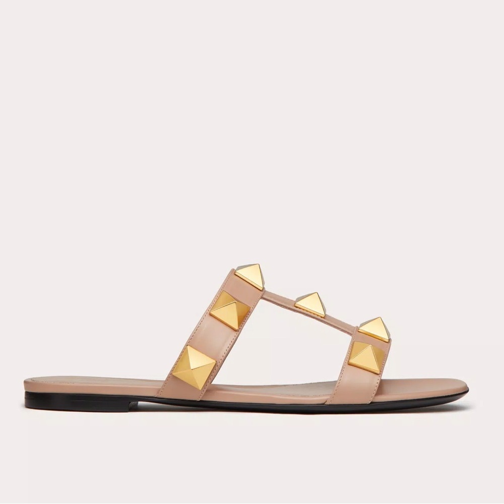VALENTINO FLAT ROMAN STUD CALFSKIN SLIDE SANDAL